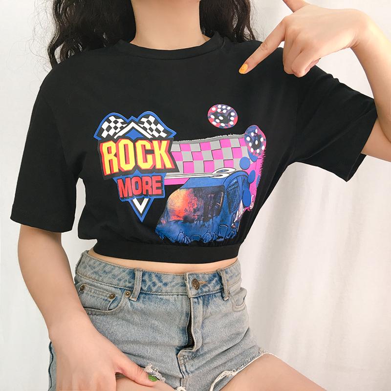 Áo croptop tay ngắn màu đen kiểu dáng mùa hè in hình cá tính cho nữ