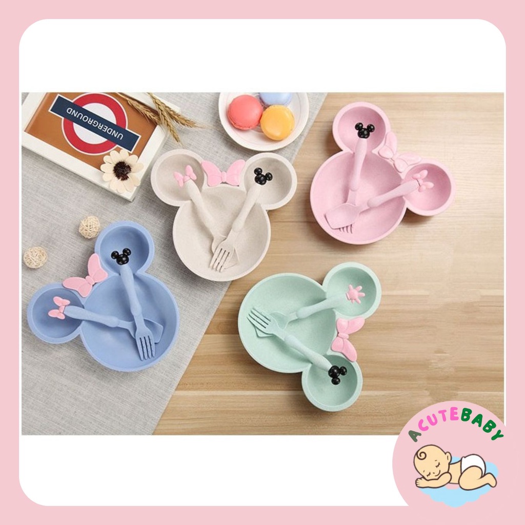 Khay Mickey lúa mạch có nơ cho bé kèm thìa dĩa