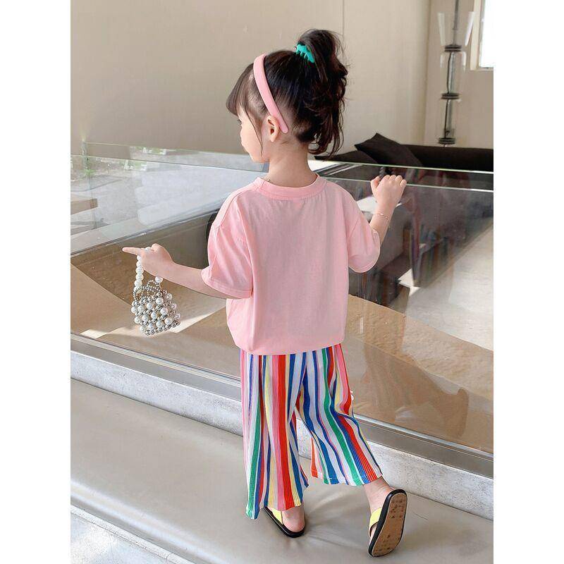 Bộ đồ 2 món áo thun tay ngắn in hình cầu vồng + quần dài mùa hè Hàn Quốc cho bé gái