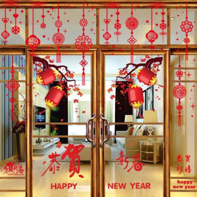 Combo Decal dán Tết - Lồng đèn đỏ phối dây rèm ( 2 tấm )