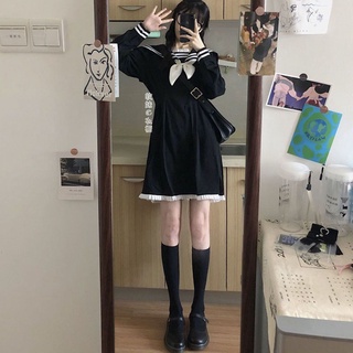 Spring Japanese style new navy collar wood ear long-sleeved dress female college style lovely age-reducing medium-length skirt