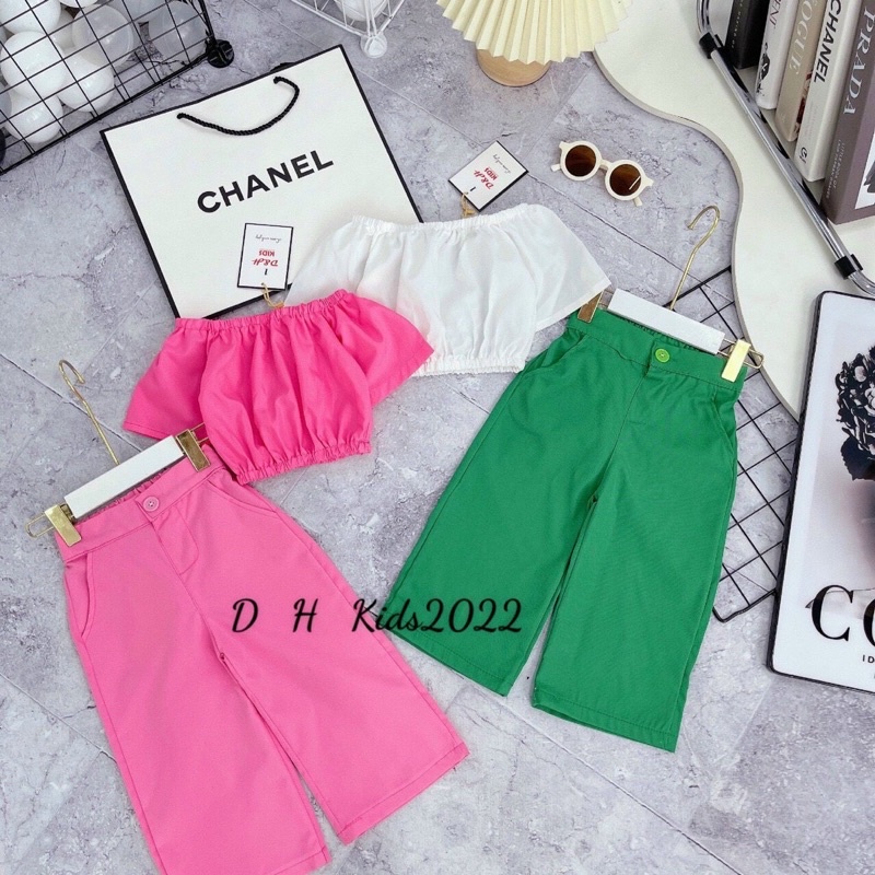 bộ áo croptop quần ống xuông xanh hồng bé gái (hàng shop )