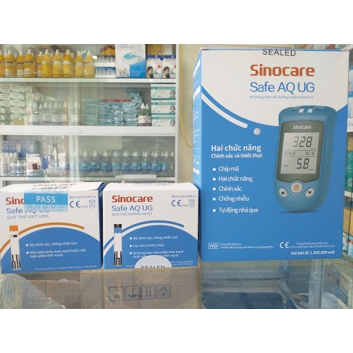 Máy đo đường huyết Axit Uric Sinocare Safe AQ UG + 50 que Axit Uric  + 50 kim chích máu