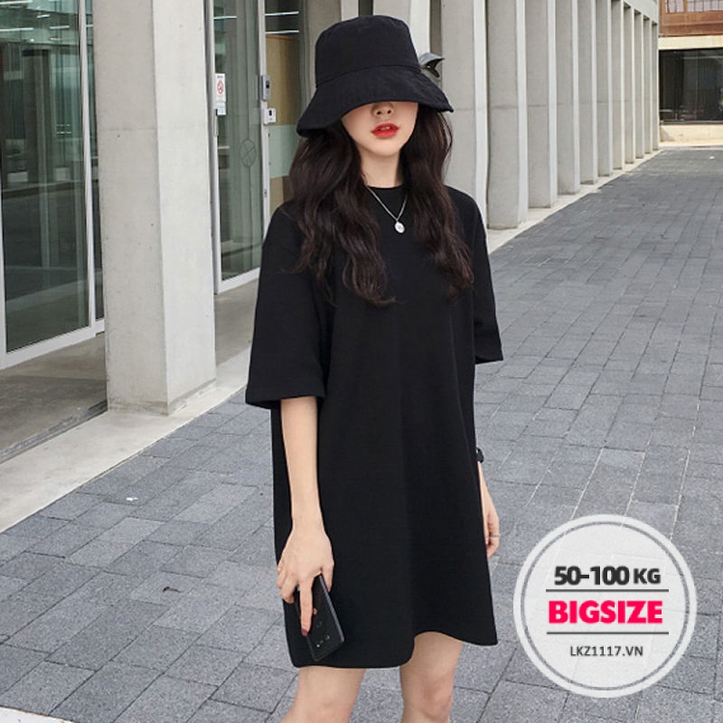 Đầm thun suông dáng suông Bigsize Váy nữ tay ngắn cổ tròn đen mùa hè Phong cách Hàn Quốc Thời Trang tiểu thư cá tính xinh đẹp cho người mập béo