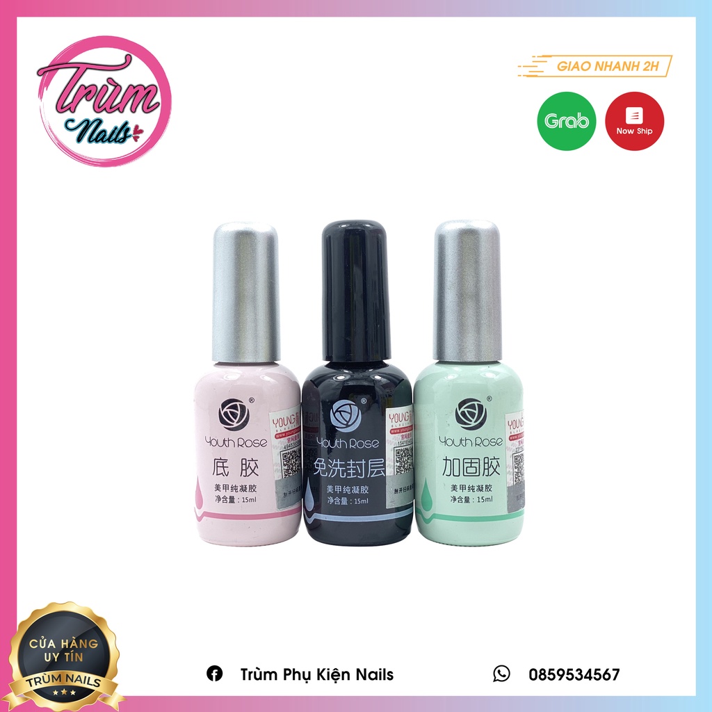 Bộ 3 Base top cứng móng hoa hồng 15ml - đồ nails cần thiết thợ nail nào cũng cần