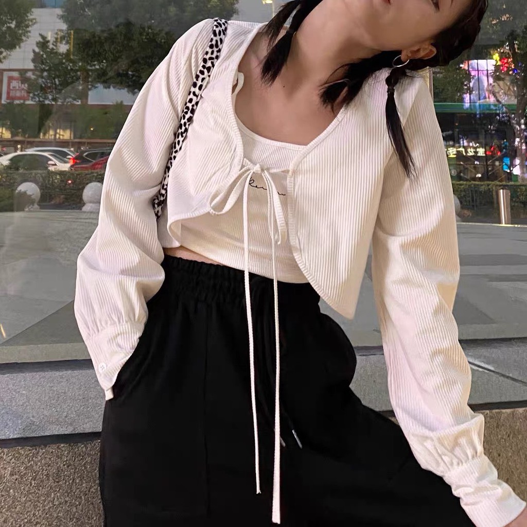 AK014 Áo cardigan trắng dài tay buộc nơ croptop, Áo khoác kiểu nữ cadigan crt điệu tiểu thư bánh bèo nữ tính