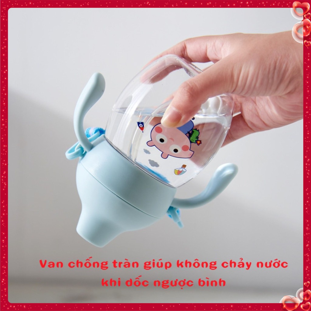 Bình tập uống nước cho bé đi học có dây đeo 280ml - Bình hút sữa hút nước vòi silicon mềm chống sặc an toàn - DC033