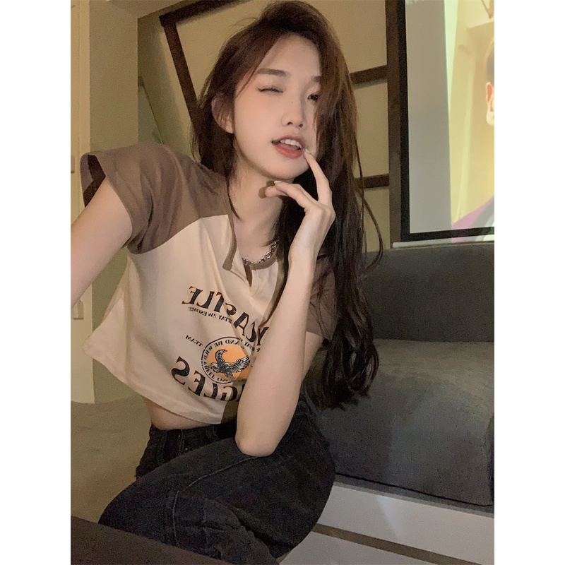 Áo Thun Croptop Ngắn Tay Cổ Tròn In Họa Tiết Gợi Cảm Cho Nữ