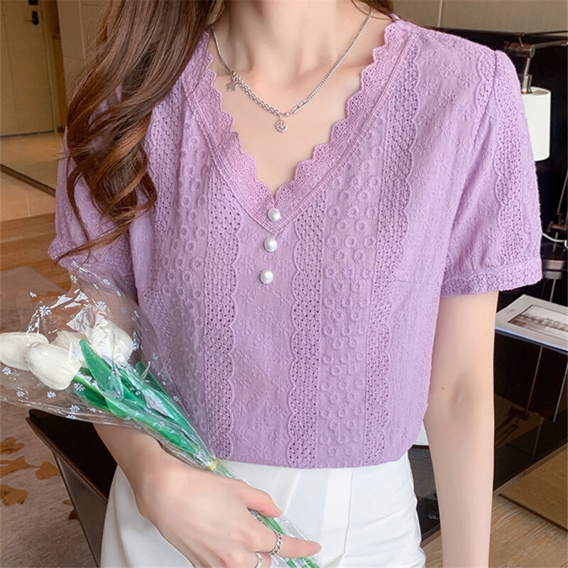 Áo sơ mi tay ngắn cổ chữ V thời trang mùa hè sành điệu cho nữ