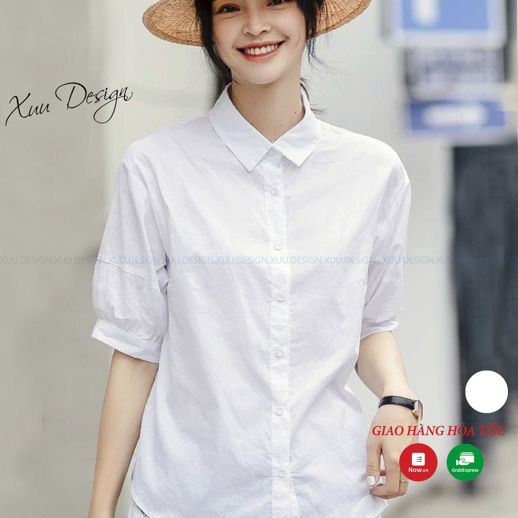 Áo sơ mi trắng nữ trắng Xuu, thiết kế tay lỡ bồng thời trang công sở SMK9