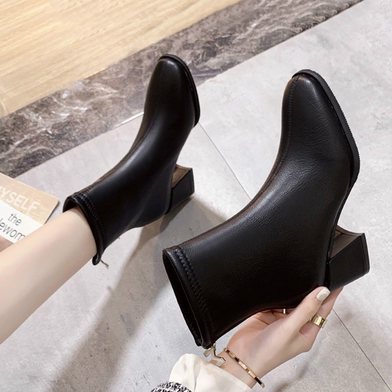 Bốt da nữ khóa saugót vuông, Bốt Nữ Cổ Trung hot trend