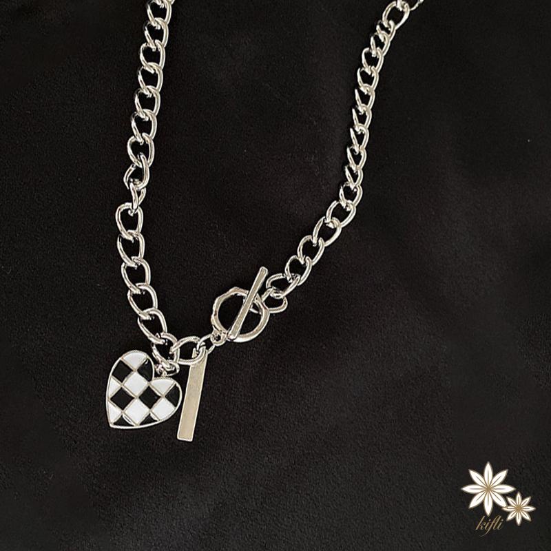 Vòng cổ mặt hình hình trái tim họa tiết caro phong cách Hàn Quốc thời trang cho cặp đôi