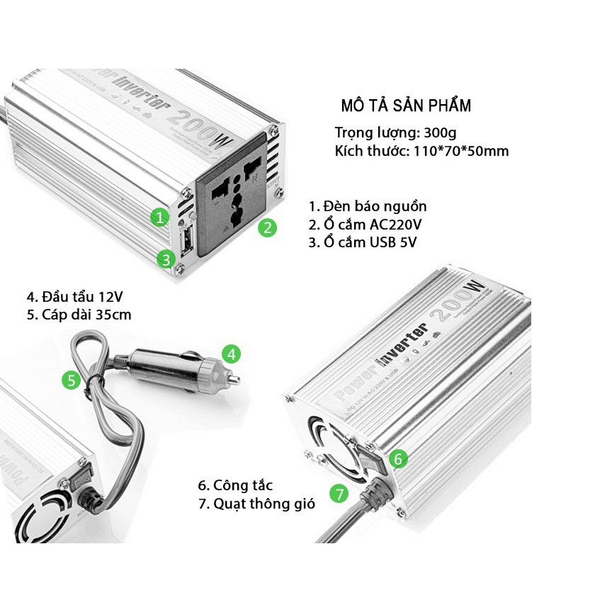 Bộ Chuyển Đổi Nguồn Điện DC 12V Sang AC 110V/220V 200W dùng Cho Xe Ô Tô - Cao Cấp