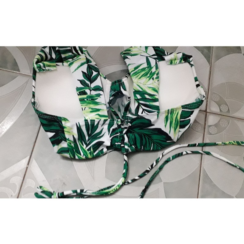 Bikini 2 mảnh hoạ tiết lá cây, bộ bơi đi biển áo gọng quần váy che bụng mập