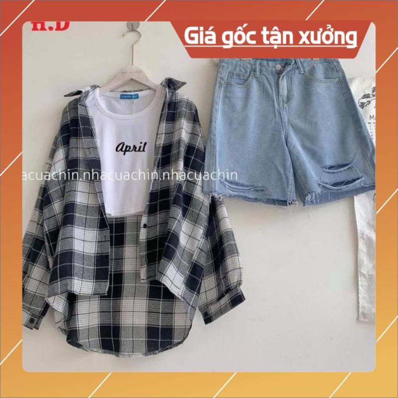 Bộ nữ áo croptop bodip Spint + áo sơ mi caro dài tay + quần short jeans form thụng unisex giá rẻ