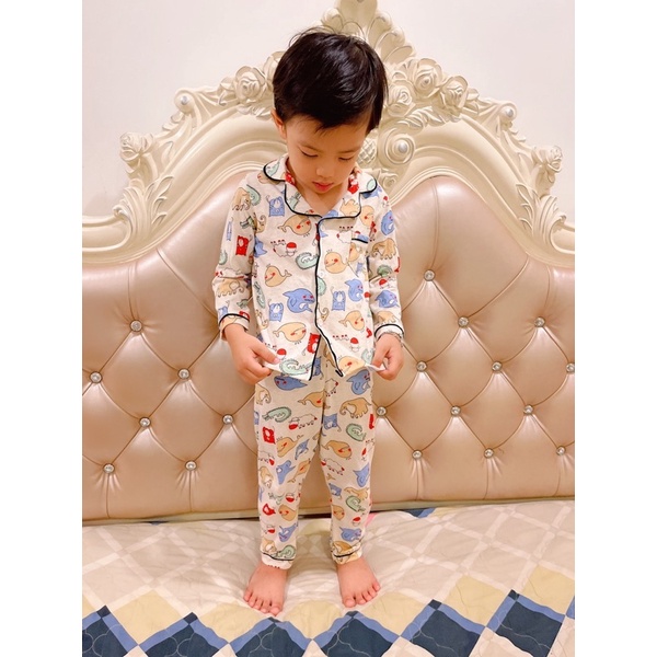 Pijama bé trai dài tay cotton co giãn quần áo em bé có cúc khủng long ô tô bộ ngủ mặc nhà