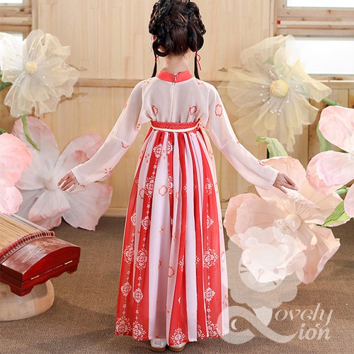 Bộ hán phục công chúa màu đỏ in hoa văn cho bé gái + Tặng khăn lụa