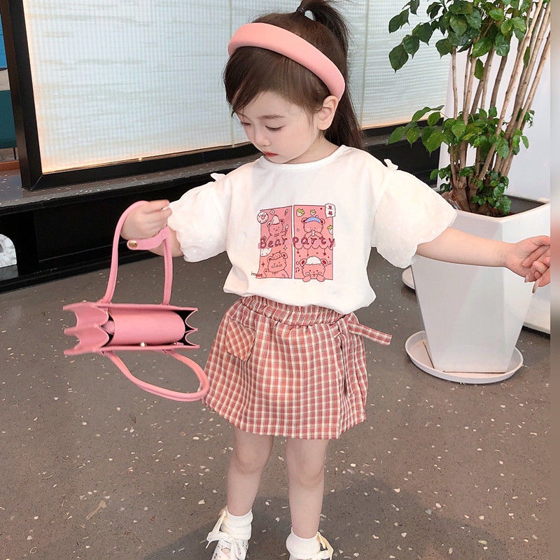 Set Áo Thun Ngắn Tay In Hoạt Hình + Quần Short Kẻ Sọc Ca Rô Thời Trang Mùa Hè Cho Bé Gái