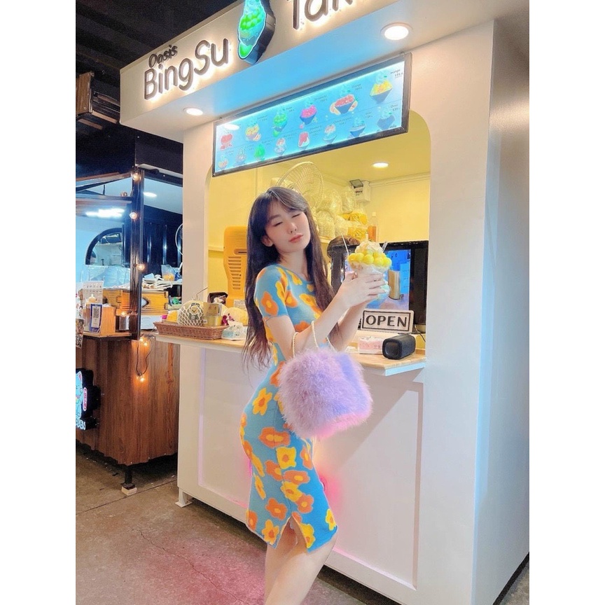 Đầm tay ngắn ôm body in hình bông hoa toàn đầm chất thun gân