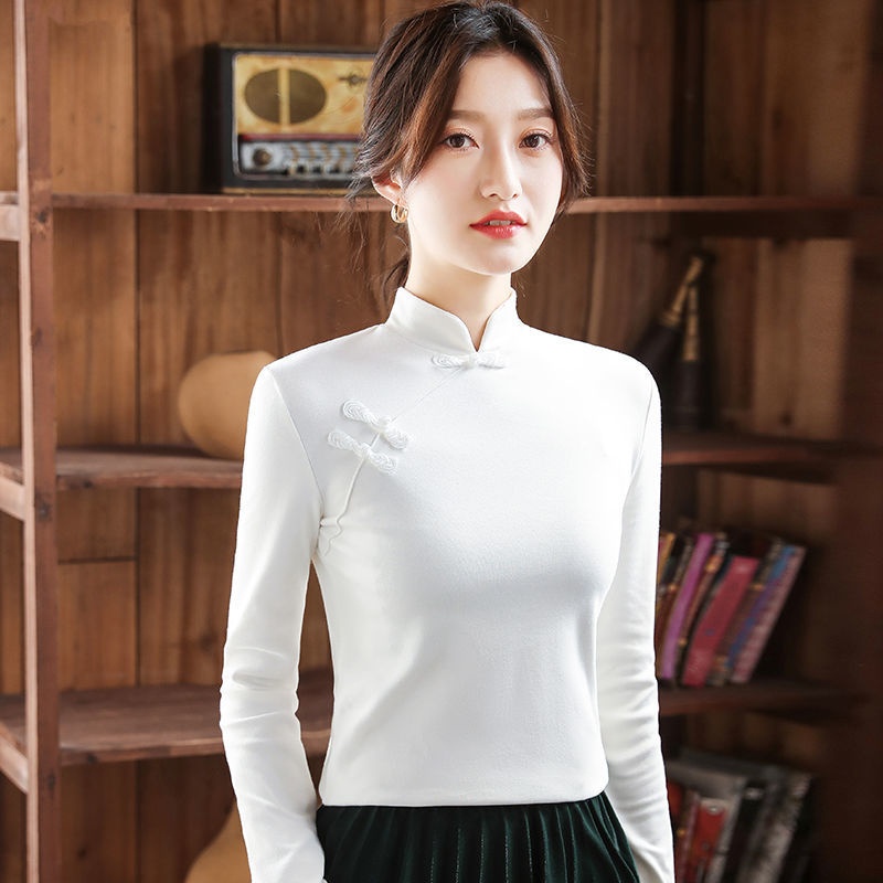 Áo sơ mi trơn Sườn xám nữ Áo dài tay màu xám cổ điển