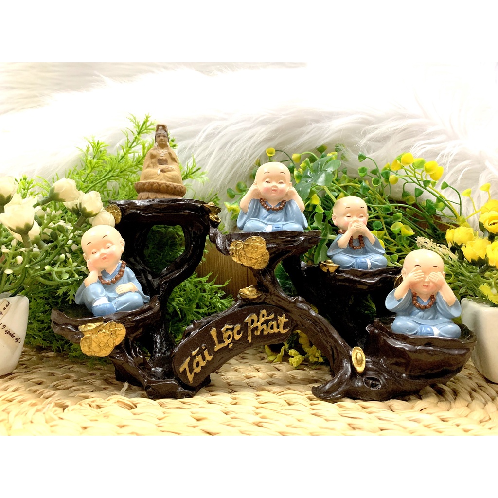 Full Set Quan Âm Bồ Tát và các Chú Tiểu tọa đế Tài Lộc Phát (Hình Thật)