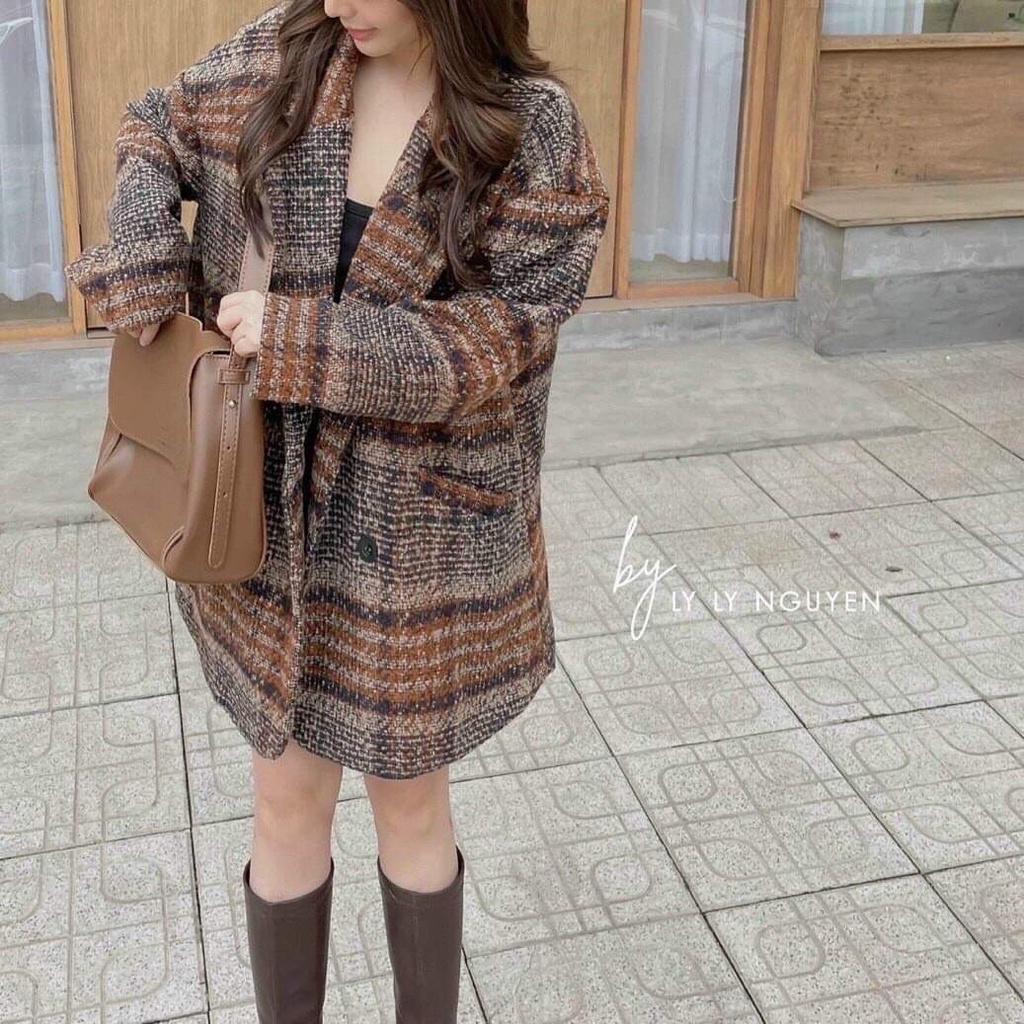 Áo Khoác Dạ Hàn Kẻ Nâu - MeiMei Store 2209AK2