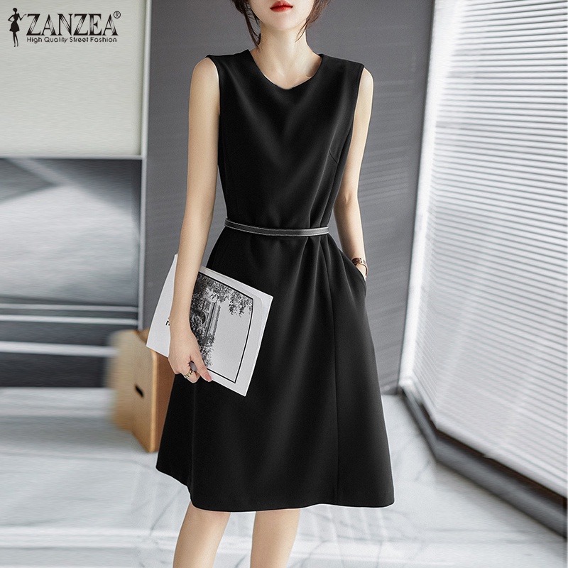 Đầm ZANZEA không tay màu trơn có túi và khóa kéo sau lưng thời trang vintage cho nữ