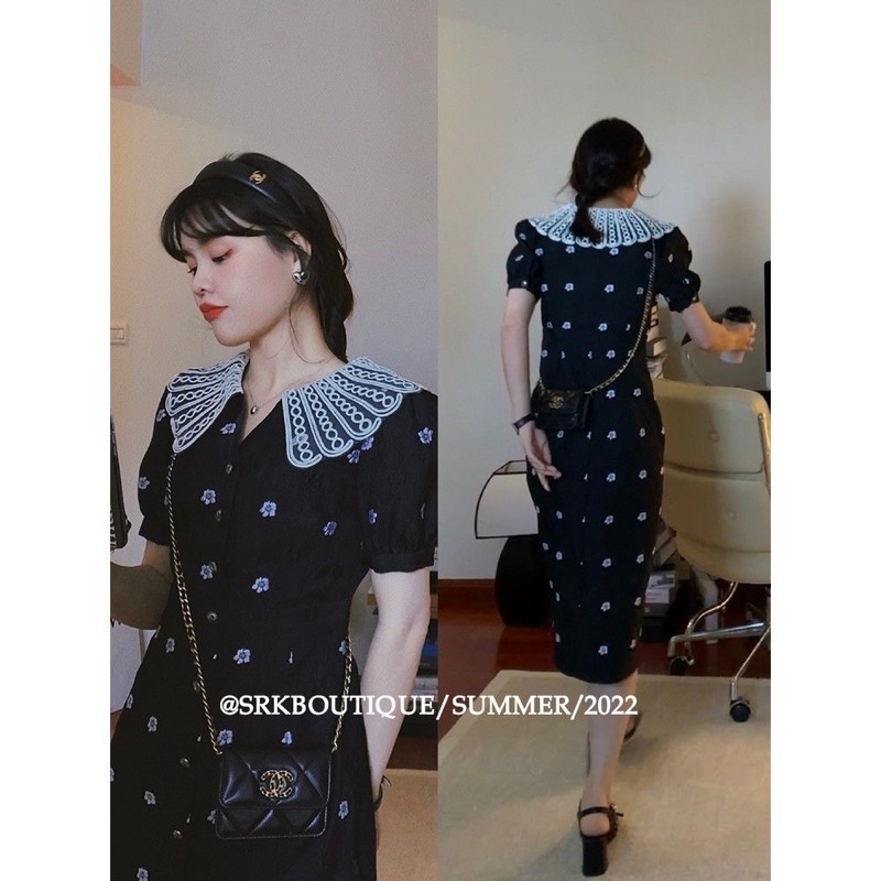 váy đen hoa tiết , ,cổ viền nổi bật , tôn dáng