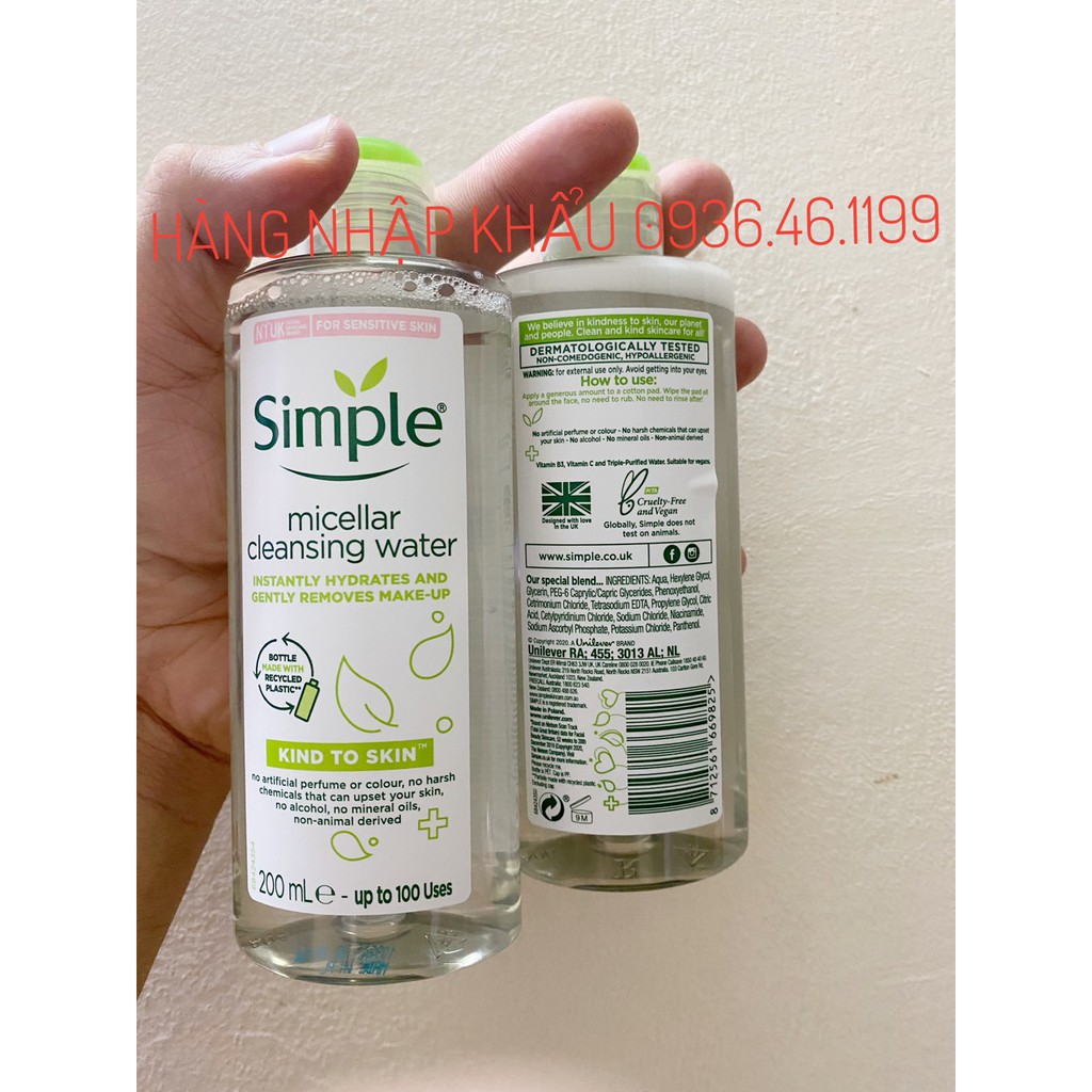 Chai Nước Tẩy Trang Simple Micellar Cleansing Water 200ml--Anh