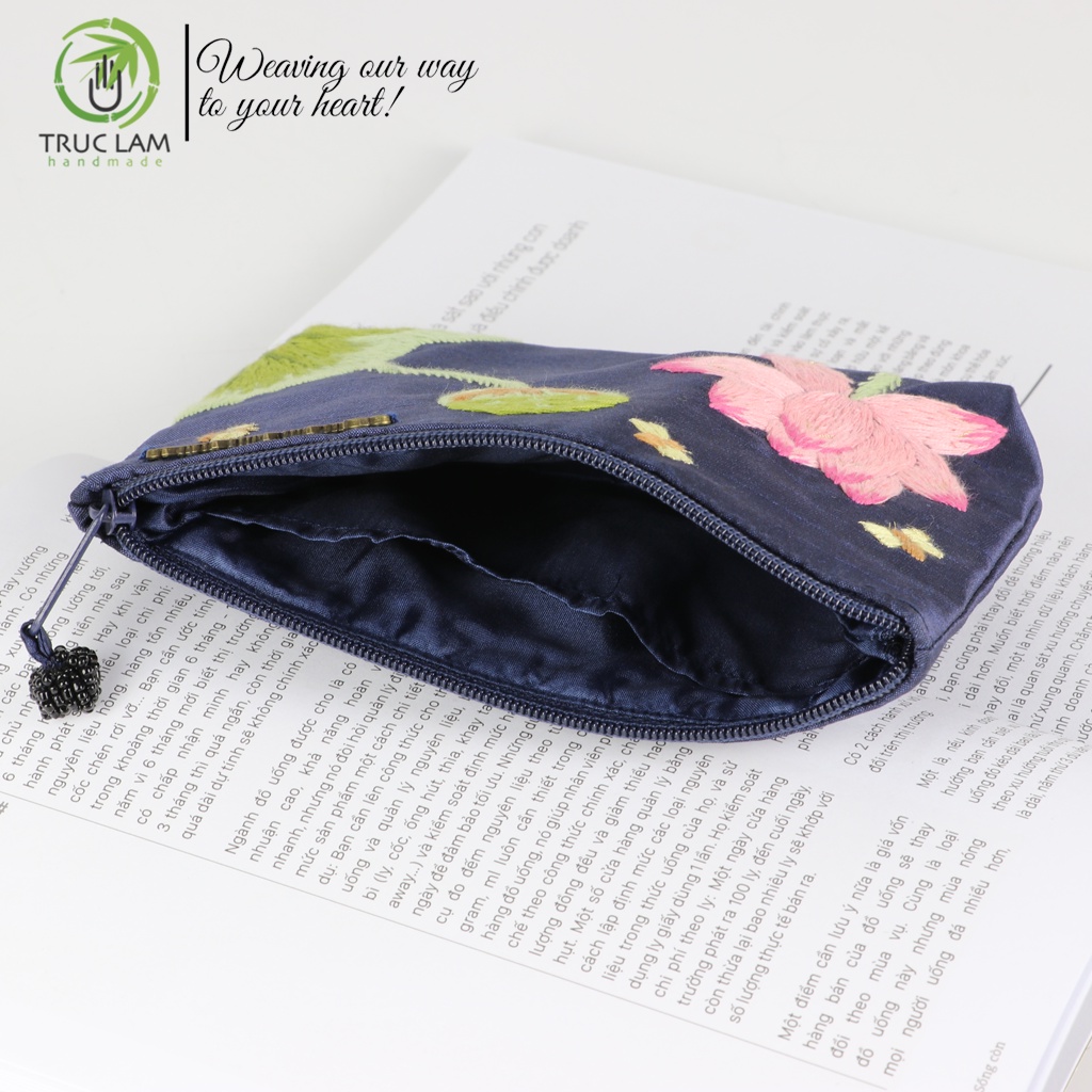 Ví Cầm Tay Túi Đựng Vải Tafta Họa Tiết Hoa Sen Thêu Tay P2 - Trúc Lâm Handmade