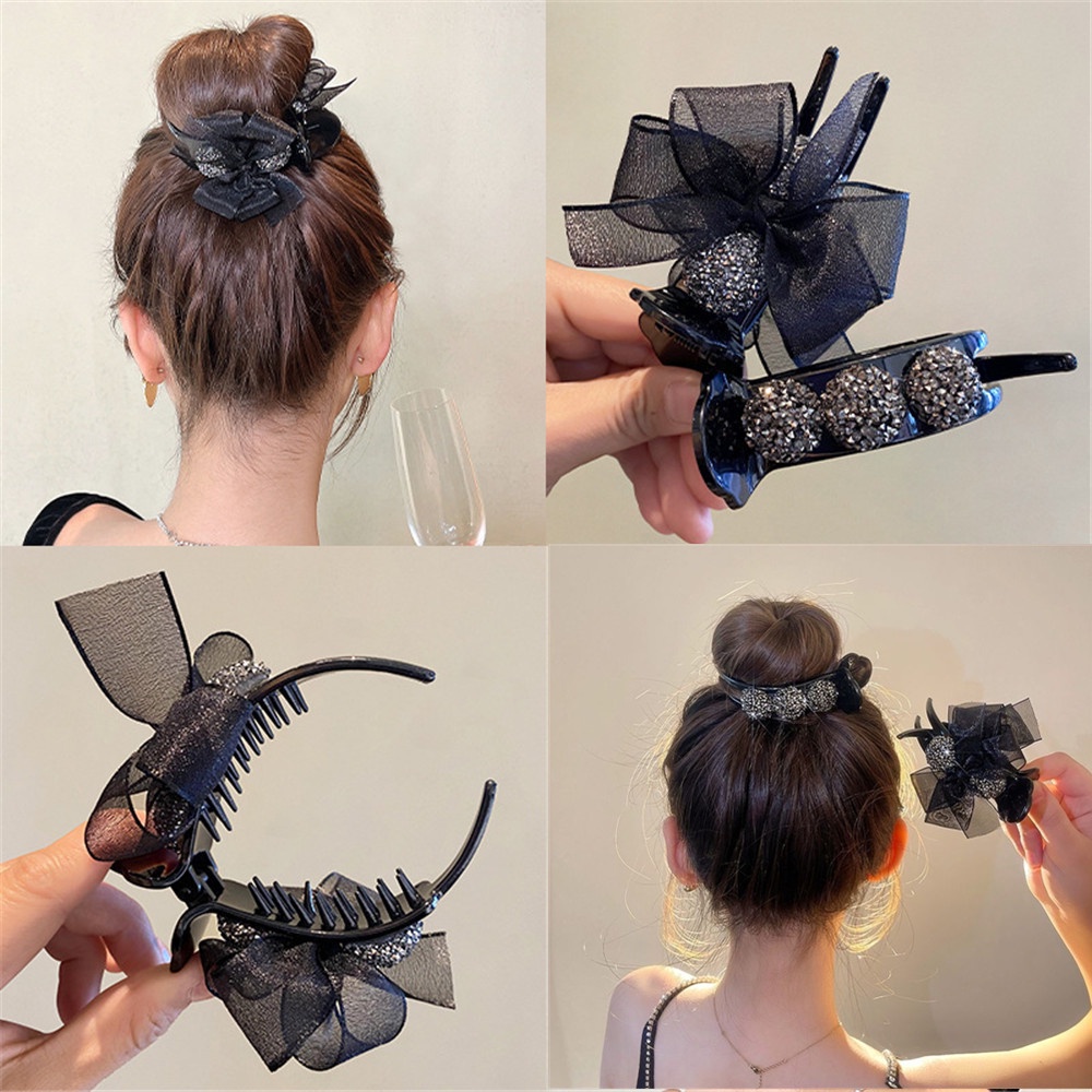 Kẹp Tóc Nơ Đen Đính Đá Phong Cách Pháp Cổ Điển Dành Cho Nữ