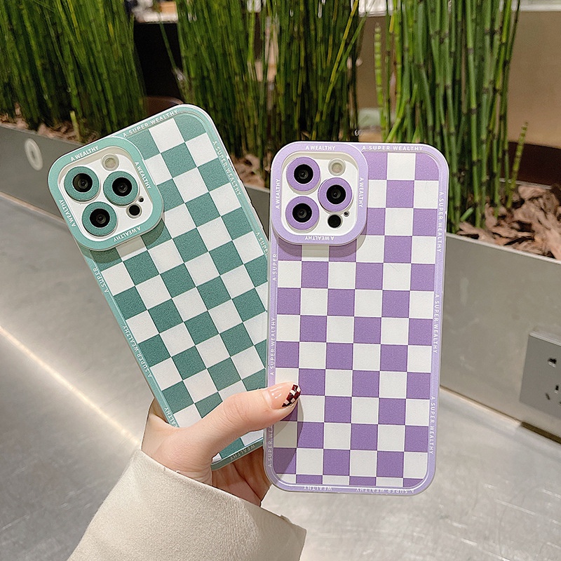 Ốp Điện Thoại Họa Tiết Sọc Caro Màu Xanh Lá/ Tím Cho iphone6s78plus/xr/xs/xsmax11/12/13promax/mini
