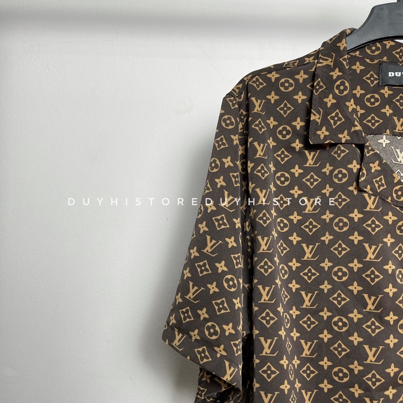 Áo sơ mi cộc tay unisex form rộng họa tiết LV NÂU cho nam nữ | DUYHI