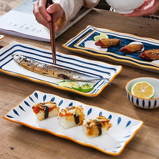 Đĩa sứ chữ nhật đĩa sushi phong cách Nhật bản hoạ tiết xanh