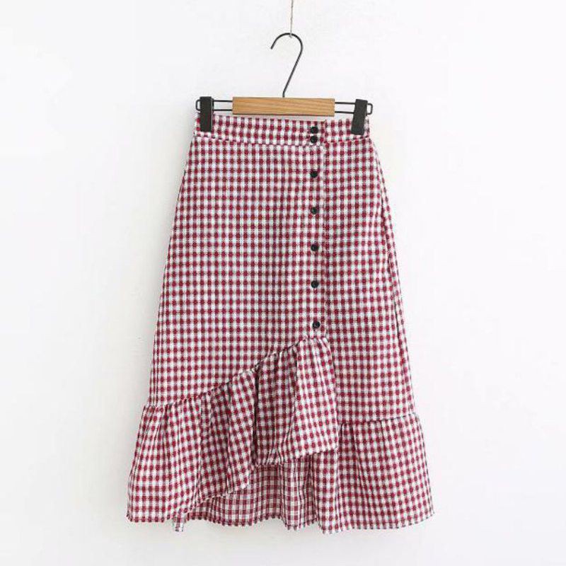 Women Vintage Literary Style Elastic High Waist Thin Ruffled Irregular Plaid Print Wild Skirt