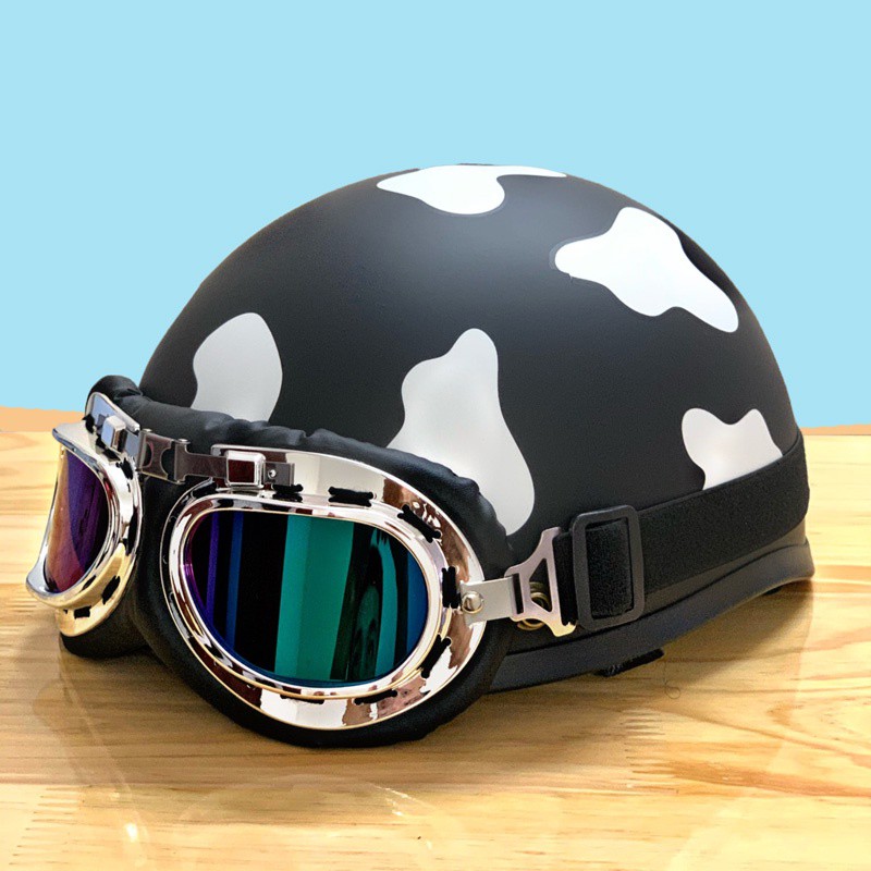 Mũ bảo hiểm nửa đầu thời trang SUNDY có kính, Tem Bò Sữa cute nhiều màu, nón an toàn, chất lượng