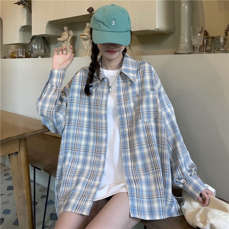 Áo Sơ Mi Caro Tay Dài Dáng Rộng Phong Cách Hàn Quốc Cho Nữ