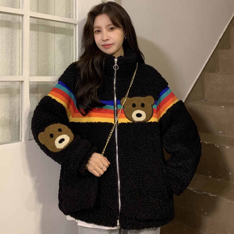 ZHELIHANGFEI Áo Khoác Lông Cừu Dáng Rộng Màu Cầu Vồng Phong Cách Preppy Dễ Phối Đồ