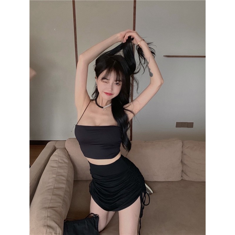 Set áo ống + chân váy rút dây có quần Ulzzang