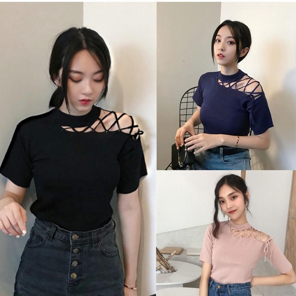 Áo thun tay ngắn đan dây phong cách Hàn Quốc cho nữ