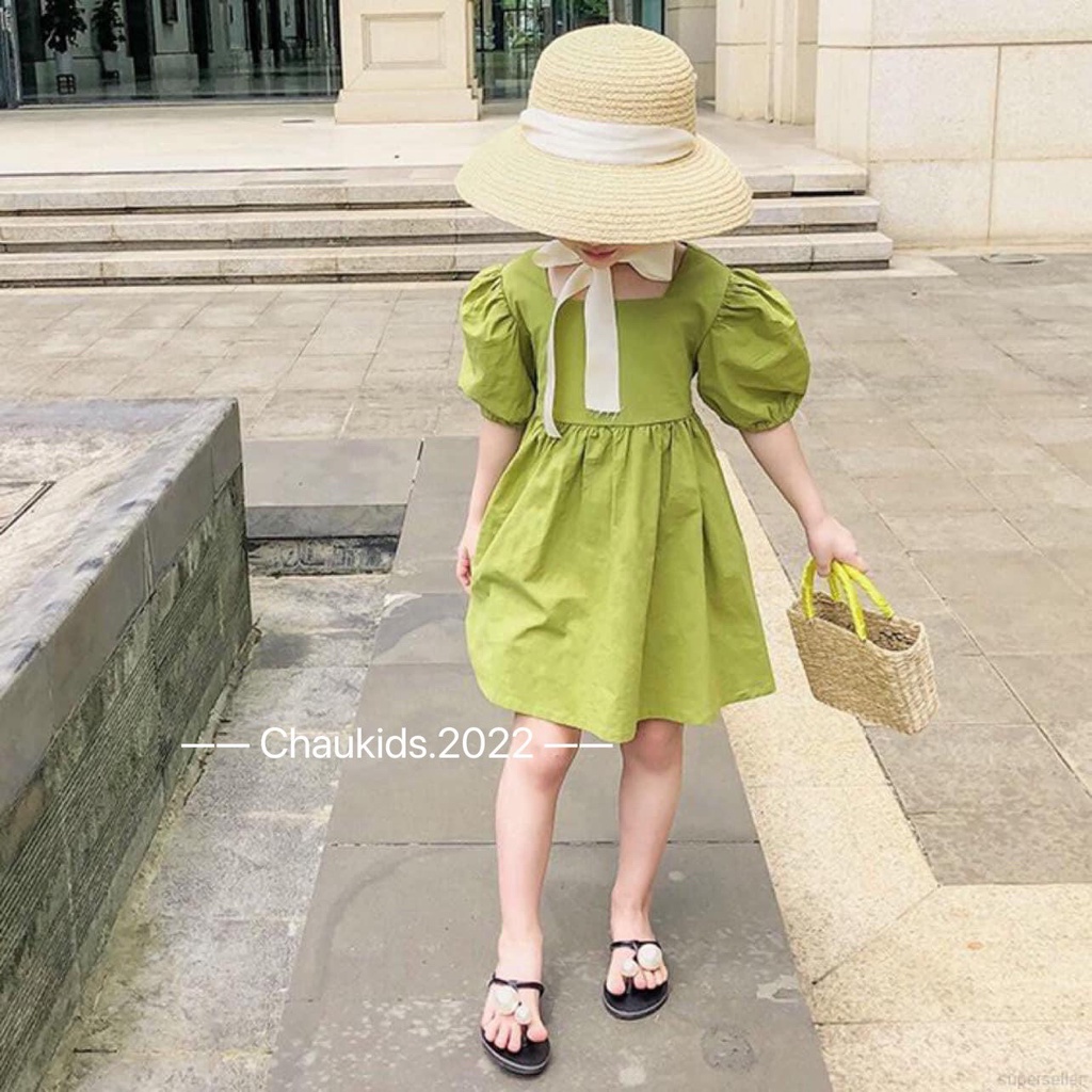 Váy bé gái màu xanh cốm tay bồng cúc sau kiểu dáng vintage cho bé gái Bm_babyshop68