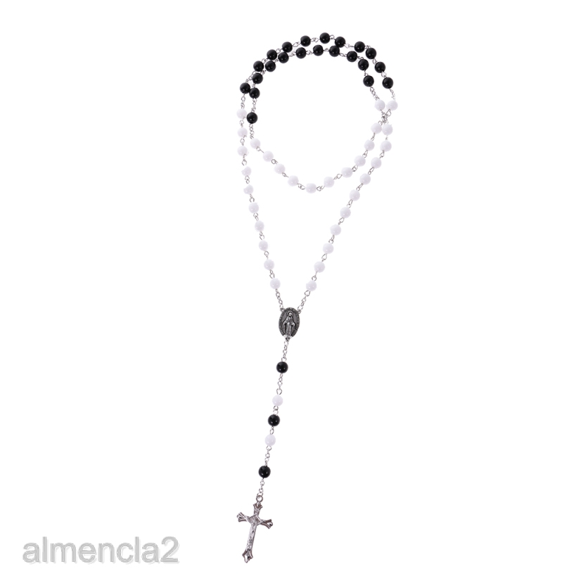 Mens Hip 8mm Bead Rosary Pray Hand Jesus Cross Pendant Necklace Black