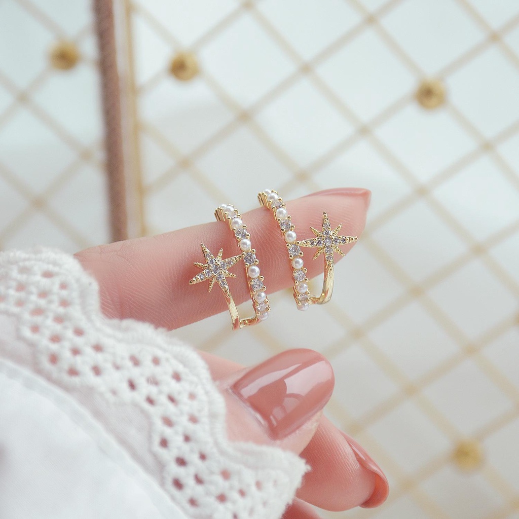 Bông Tai Mạ Bạc 925 Đính Ngọc Trai Giả Hai Lớp Xinh Xắn