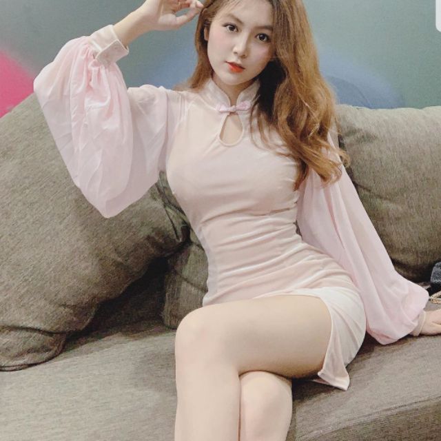 [Sẵn] CLIP THẬT Sườn xám nhung tay voan đủ size | BigBuy360 - bigbuy360.vn