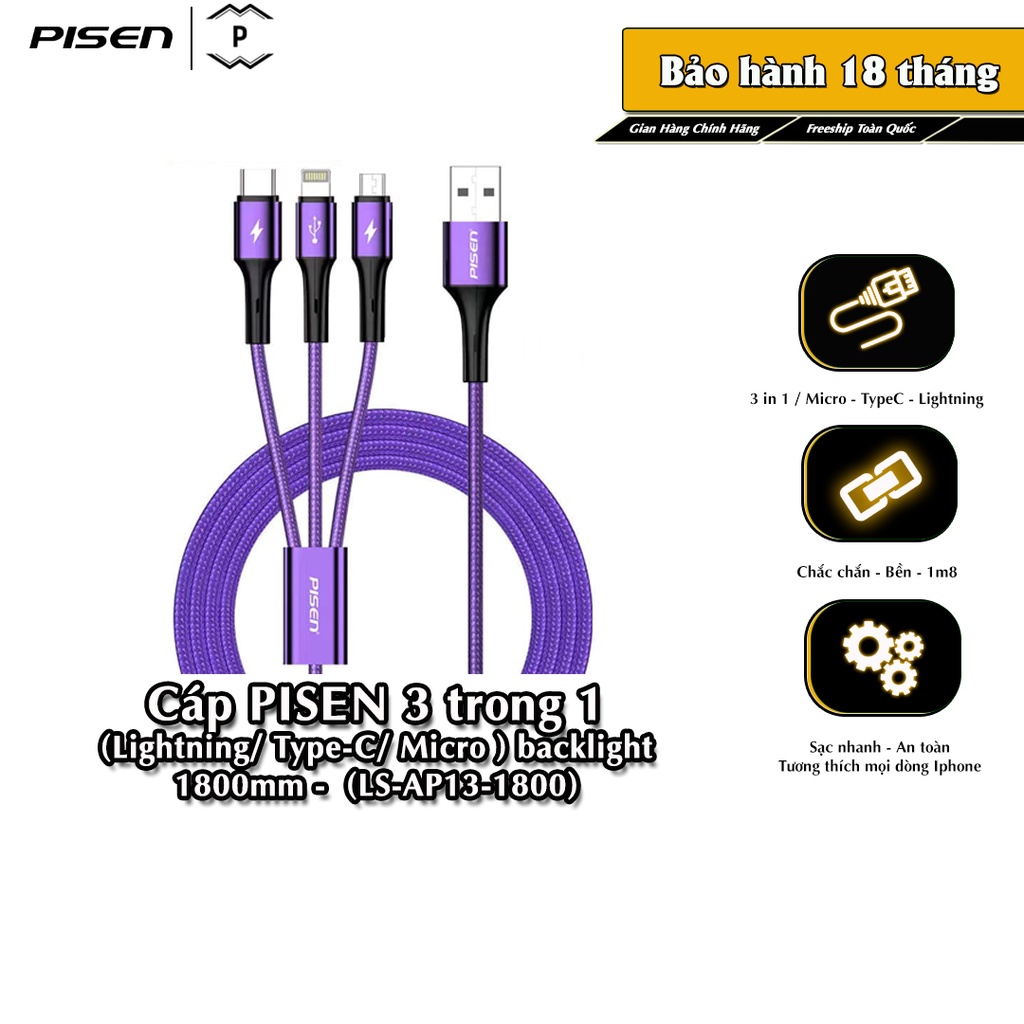 Cáp PISEN 3 trong 1 (Lightning/ Type-C/ Micro ) backlight 1800mm - (LS-AP13-1800) - Hàng chính hãng