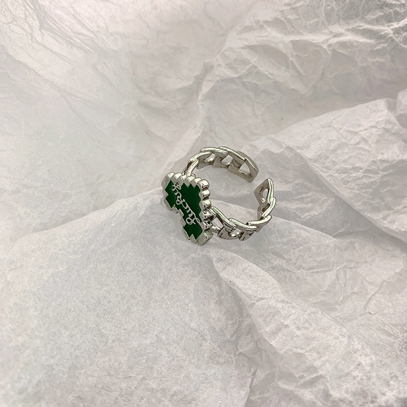 Nhẫn Hở Họa Tiết Chữ Khảm Màu Xanh Lá Thời Trang Cá Tính
