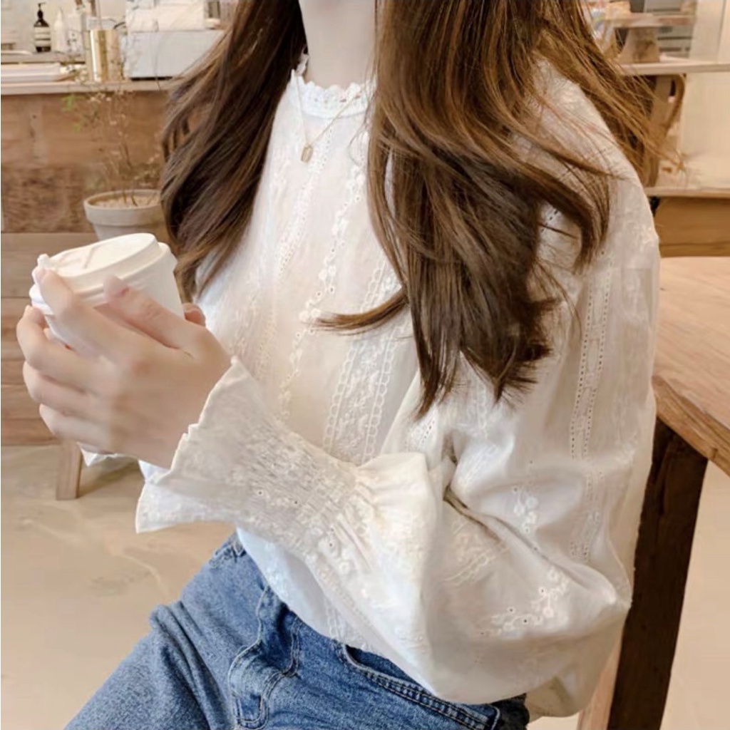 Áo sơ mi ren dài tay họa tiết HOT lên đồ sành điệu ( ảnh tự chụp)