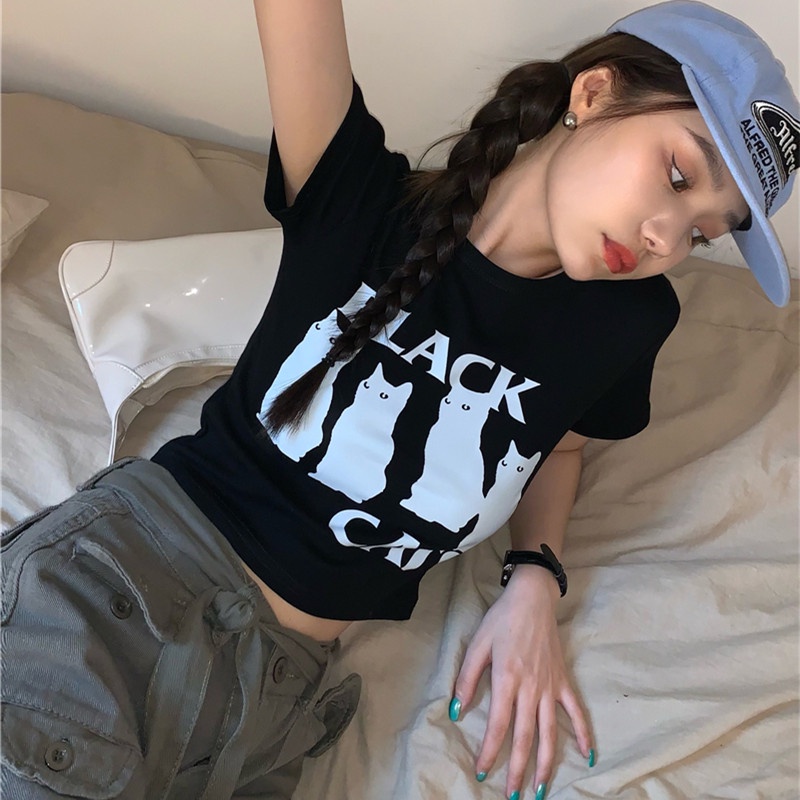 Áo Thun Croptop Tay Ngắn In Hình Mèo Dễ Thương Cho Nữ
