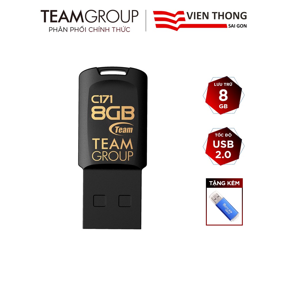 USB 2.0 Team Group C171 8GB chống nước tặng đầu đọc thẻ - Hãng phân phối chính thức