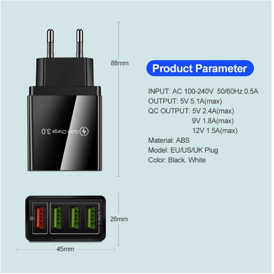 Củ Sạc Nhanh 4 Cổng Usb 3.1A Phích Cắm EU / US Cho Điện Thoại / Máy Tính Bảng